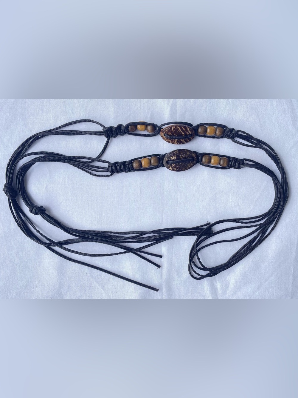 Vintage Boho Macrame Cord Belt Brown Wood Beads Coconut Shell Tassel Tie